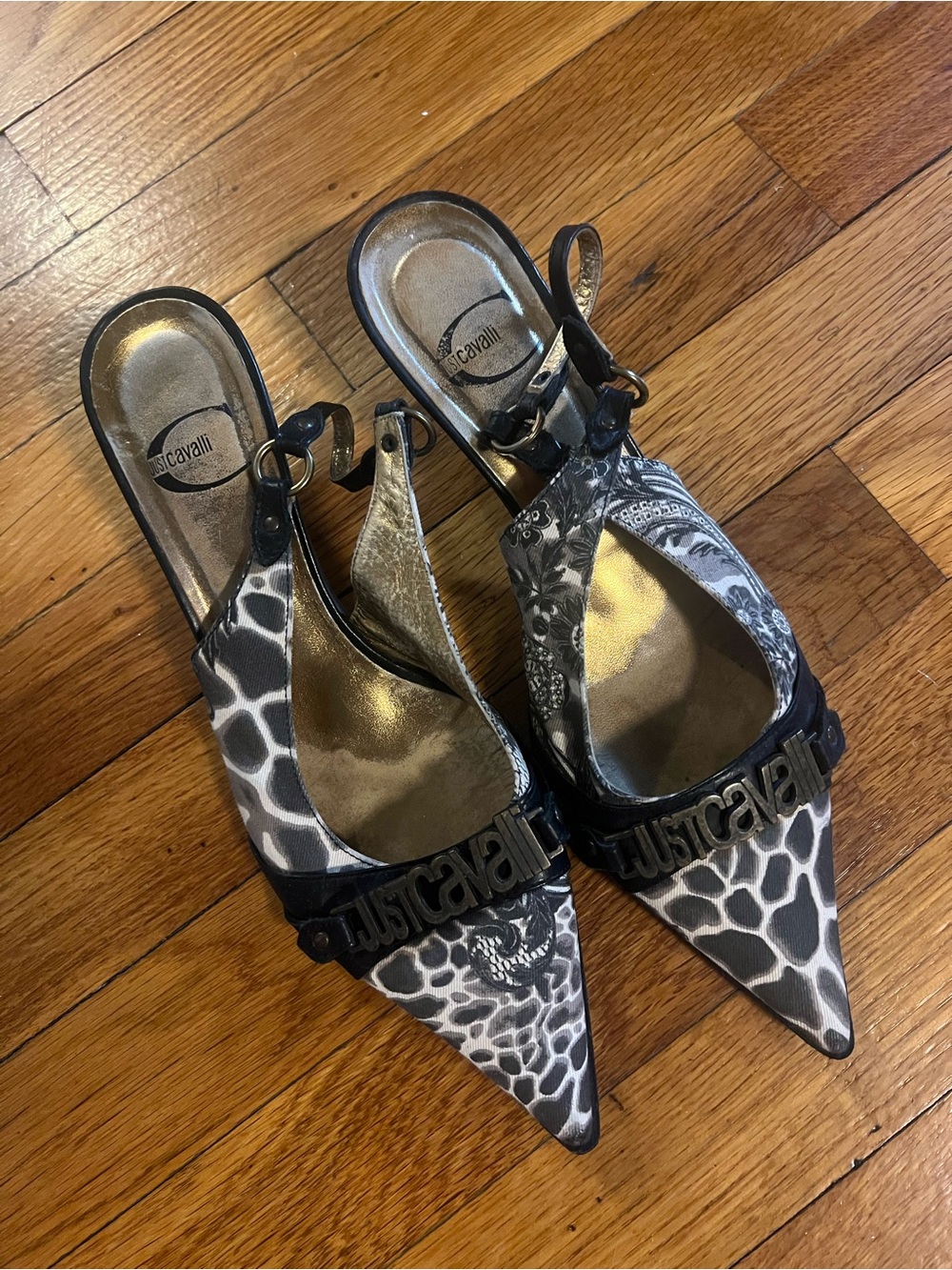 Just Cavalli Black & White Pointed Slingback Heels with Logo Strap